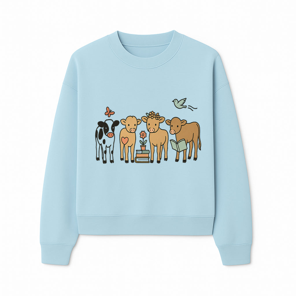 Cute Farm Animal Art Print - Cows with Books, Flower, and Butterfly - Whimsical Home Decor for Animal Lovers and Kids' Rooms - Sweatshirt 1758093399825.jpg