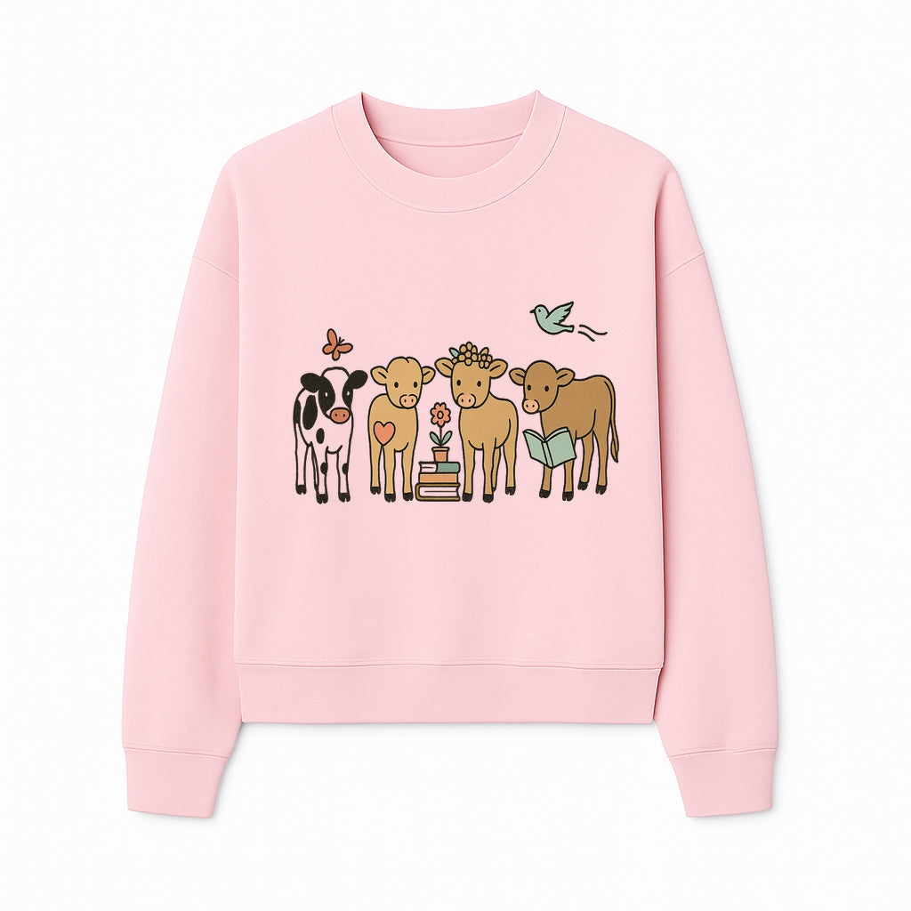 Cute Farm Animal Art Print - Cows with Books, Flower, and Butterfly - Whimsical Home Decor for Animal Lovers and Kids' Rooms - Sweatshirt 1758093400005.jpg
