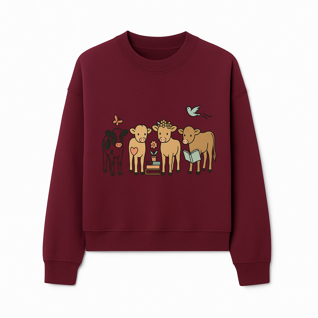 Cute Farm Animal Art Print - Cows with Books, Flower, and Butterfly - Whimsical Home Decor for Animal Lovers and Kids' Rooms - Sweatshirt 1758093400193.jpg