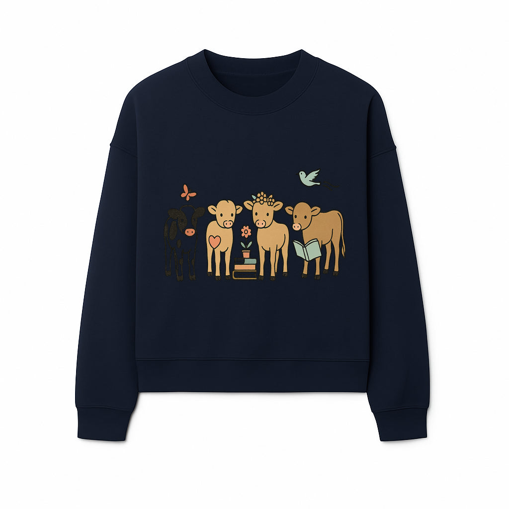 Cute Farm Animal Art Print - Cows with Books, Flower, and Butterfly - Whimsical Home Decor for Animal Lovers and Kids' Rooms - Sweatshirt 1758093400388.jpg