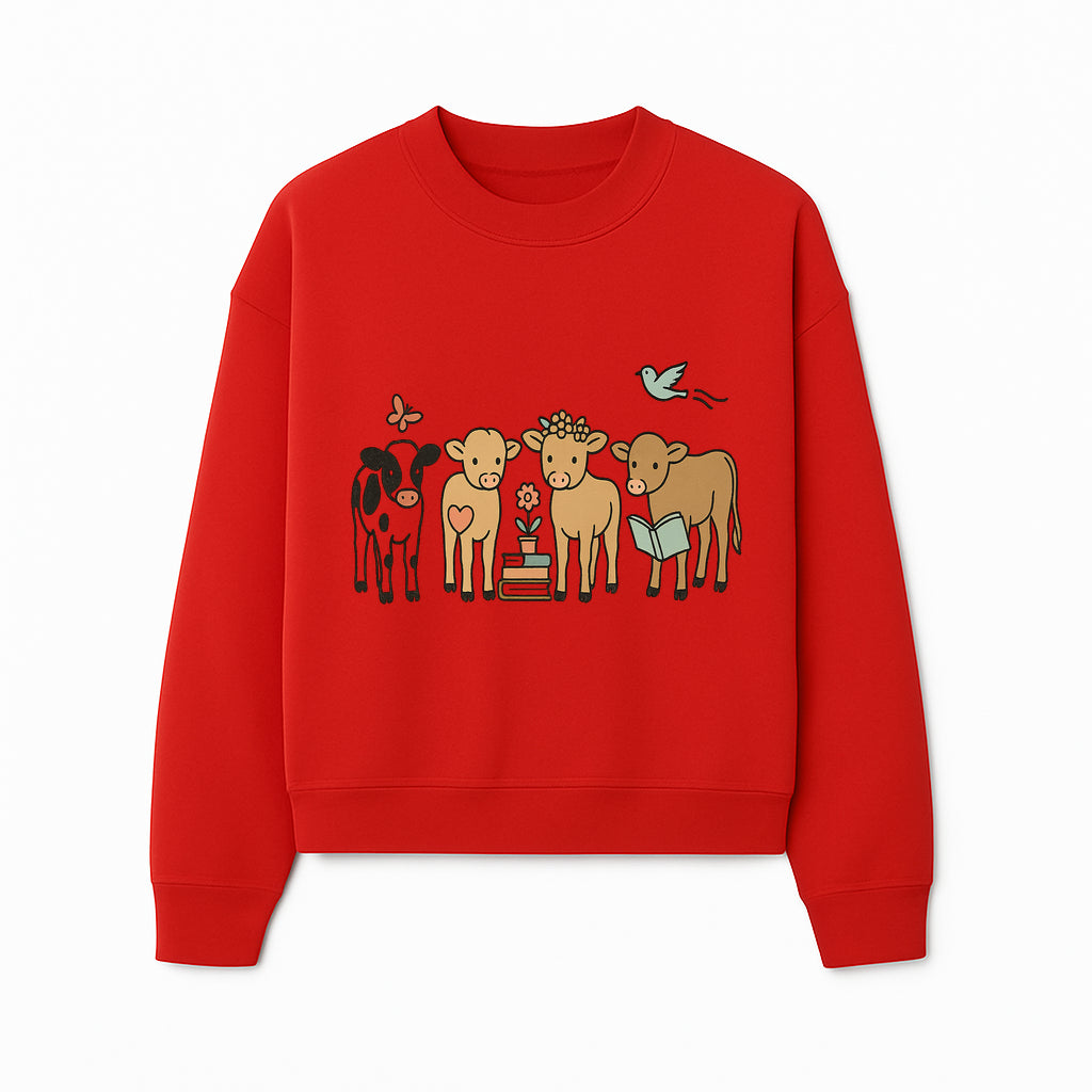 Cute Farm Animal Art Print - Cows with Books, Flower, and Butterfly - Whimsical Home Decor for Animal Lovers and Kids' Rooms - Sweatshirt 1758093400572.jpg