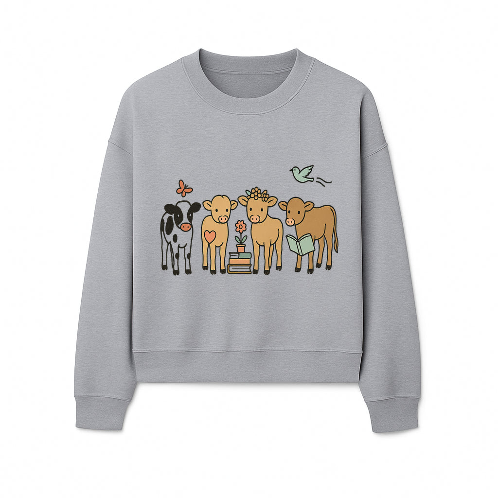 Cute Farm Animal Art Print - Cows with Books, Flower, and Butterfly - Whimsical Home Decor for Animal Lovers and Kids' Rooms - Sweatshirt 1758093400785.jpg