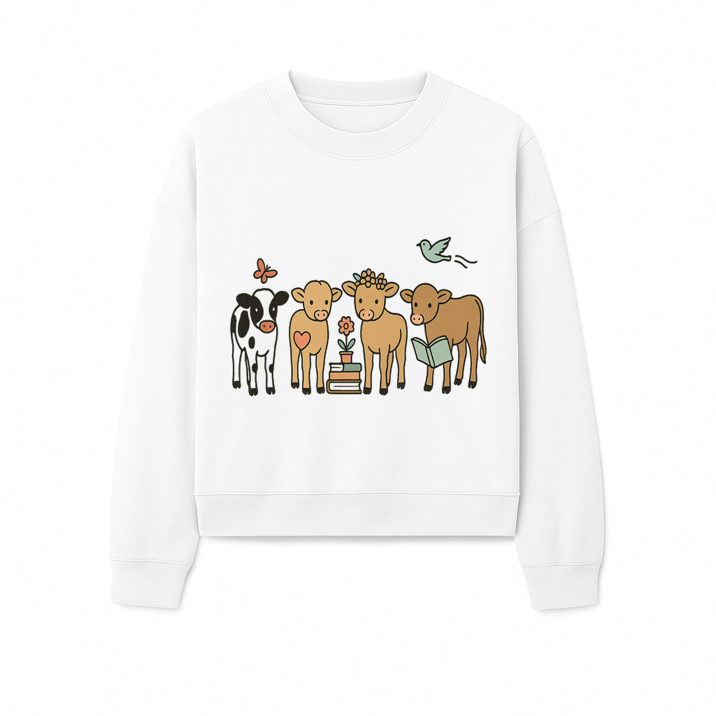 Cute Farm Animal Art Print - Cows with Books, Flower, and Butterfly - Whimsical Home Decor for Animal Lovers and Kids' Rooms - Sweatshirt 1758093400974.jpg
