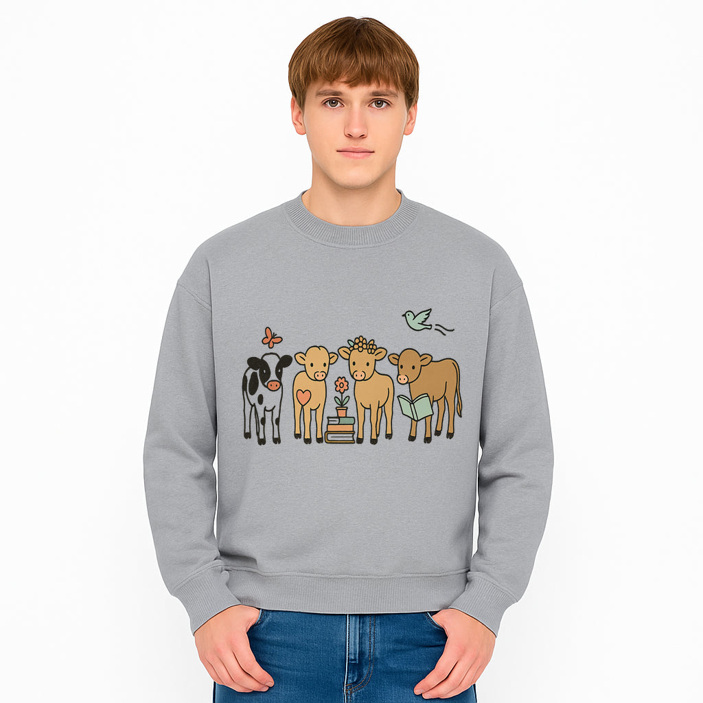 Cute Farm Animal Art Print - Cows with Books, Flower, and Butterfly - Whimsical Home Decor for Animal Lovers and Kids' Rooms - Sweatshirt 1758093402140.jpg