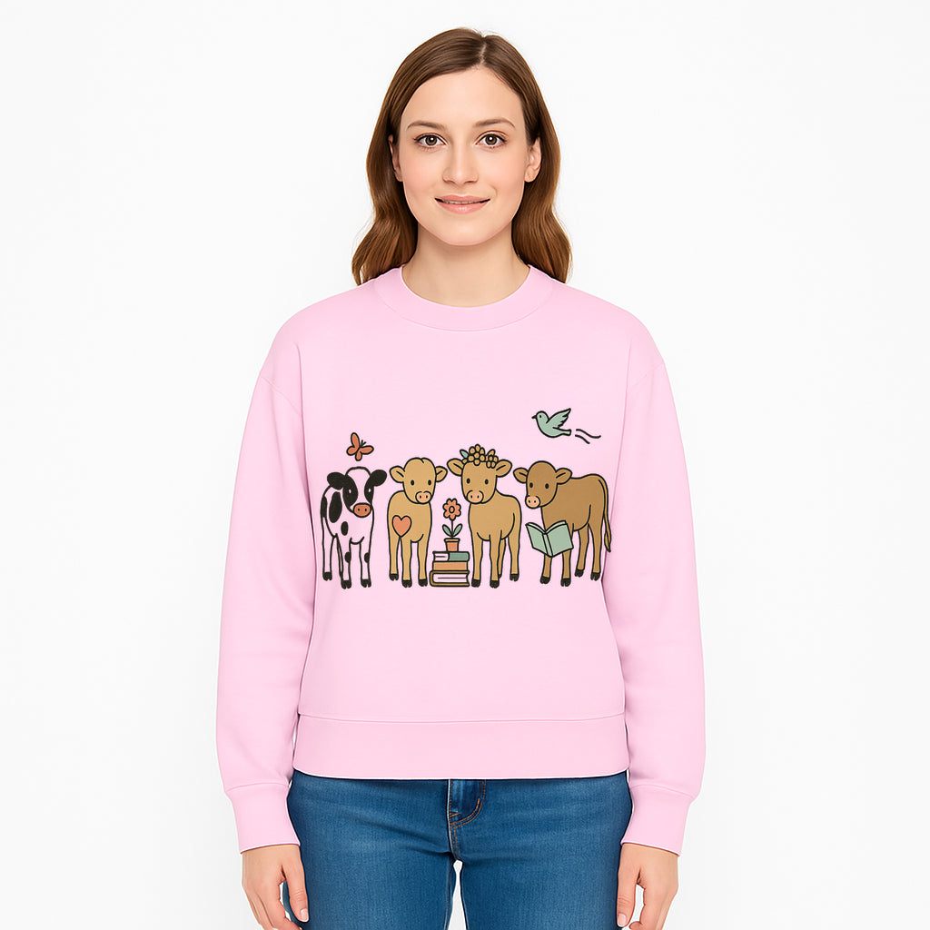 Cute Farm Animal Art Print - Cows with Books, Flower, and Butterfly - Whimsical Home Decor for Animal Lovers and Kids' Rooms - Sweatshirt 1758093402336.jpg