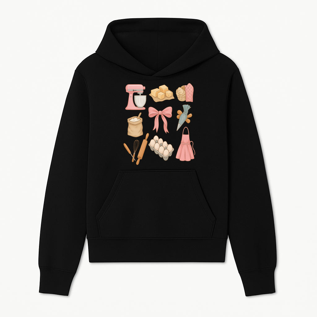 Baking Essentials Illustration - Mixer, Eggs, Sugar, Apron, Whisk - Kitchen Decor for Bakers and Home Chefs, Cute Art Print - Hoodie 1758181697840.jpg