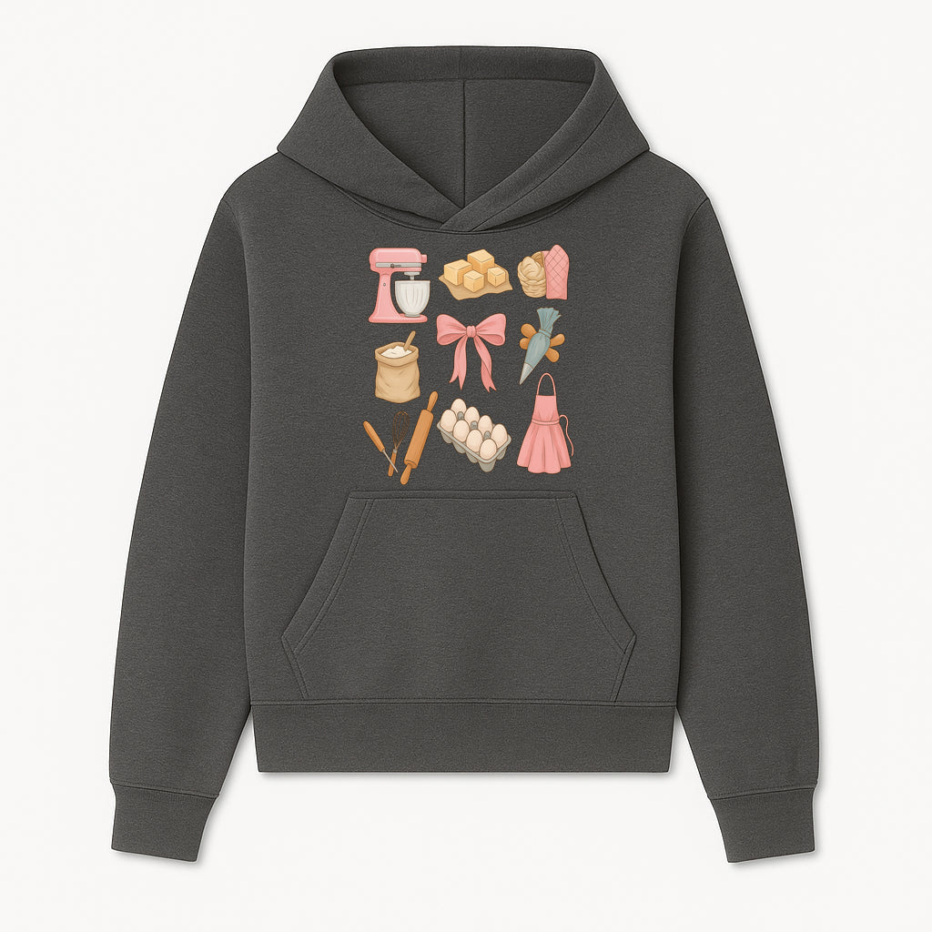Baking Essentials Illustration - Mixer, Eggs, Sugar, Apron, Whisk - Kitchen Decor for Bakers and Home Chefs, Cute Art Print - Hoodie 1758181697999.jpg