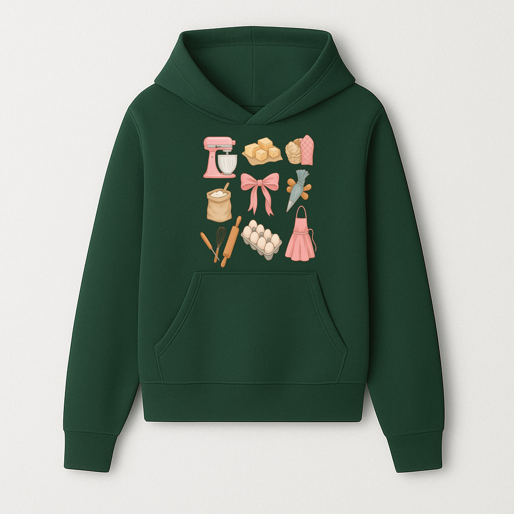 Baking Essentials Illustration - Mixer, Eggs, Sugar, Apron, Whisk - Kitchen Decor for Bakers and Home Chefs, Cute Art Print - Hoodie 1758181698156.jpg