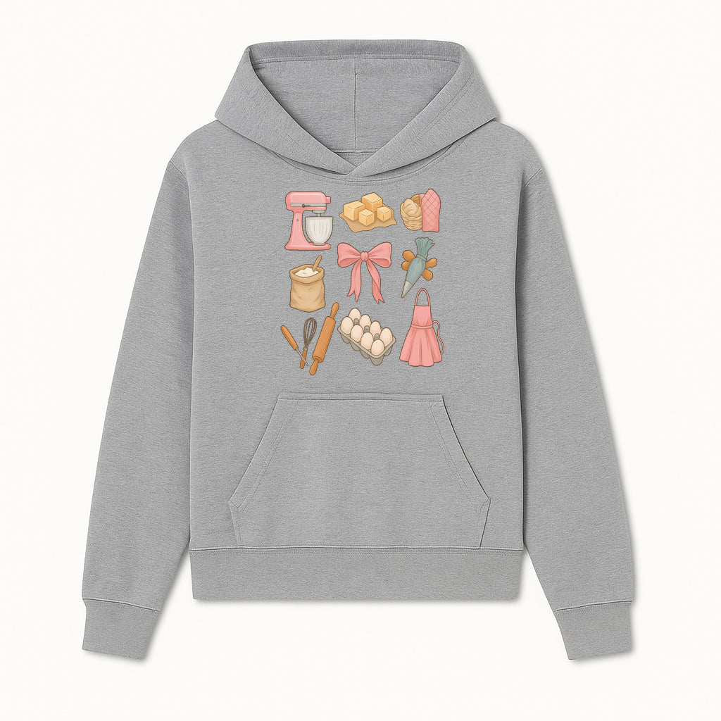 Baking Essentials Illustration - Mixer, Eggs, Sugar, Apron, Whisk - Kitchen Decor for Bakers and Home Chefs, Cute Art Print - Hoodie 1758181698297.jpg
