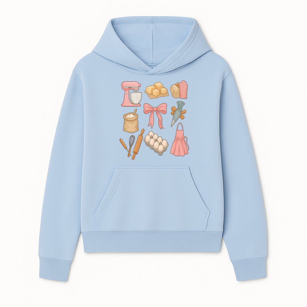 Baking Essentials Illustration - Mixer, Eggs, Sugar, Apron, Whisk - Kitchen Decor for Bakers and Home Chefs, Cute Art Print - Hoodie 1758181698408.jpg