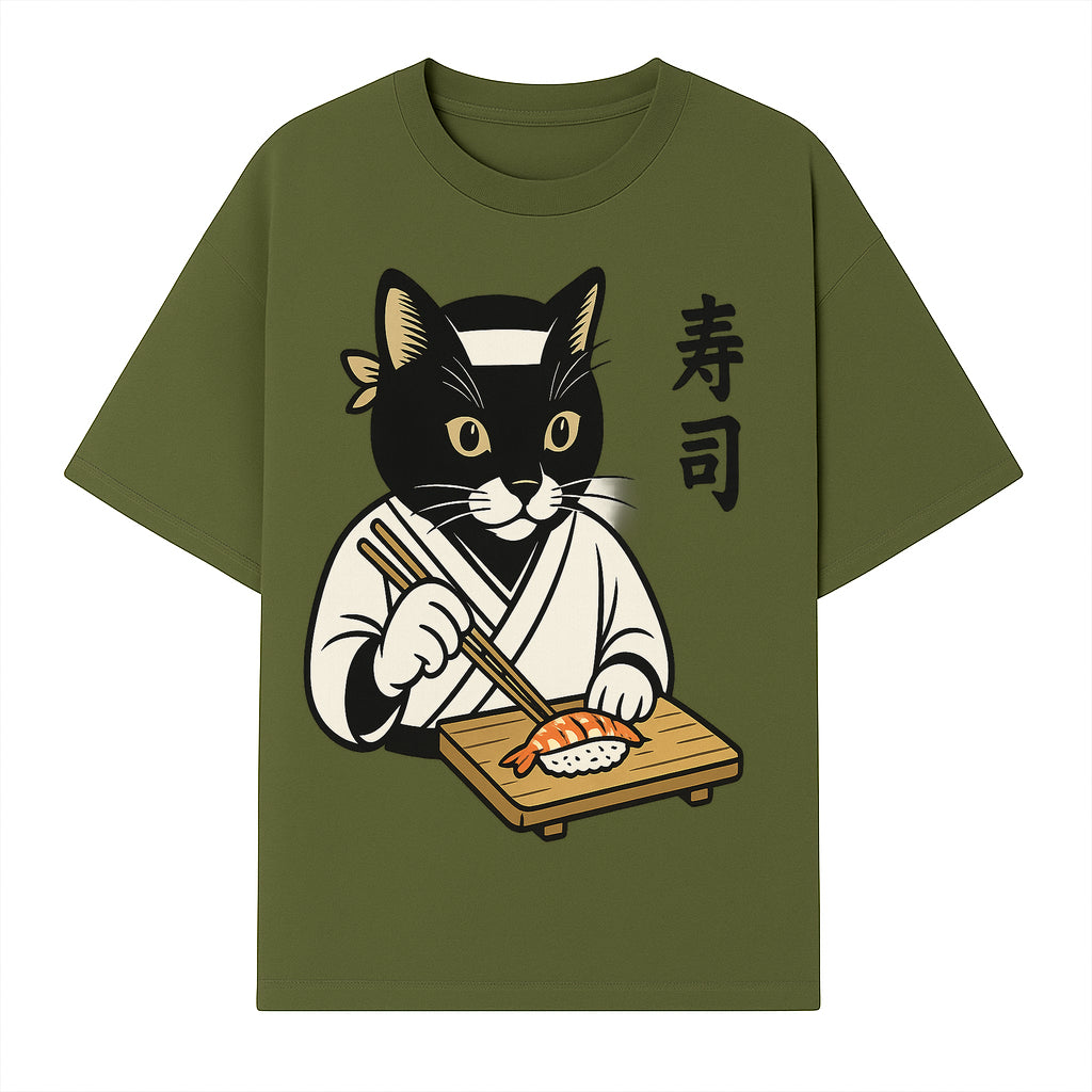 Cat Sushi Chef Wall Art Print - Japanese Style Vintage Cat Cooking Sushi Decor - T-shirt 1758181698523.jpg