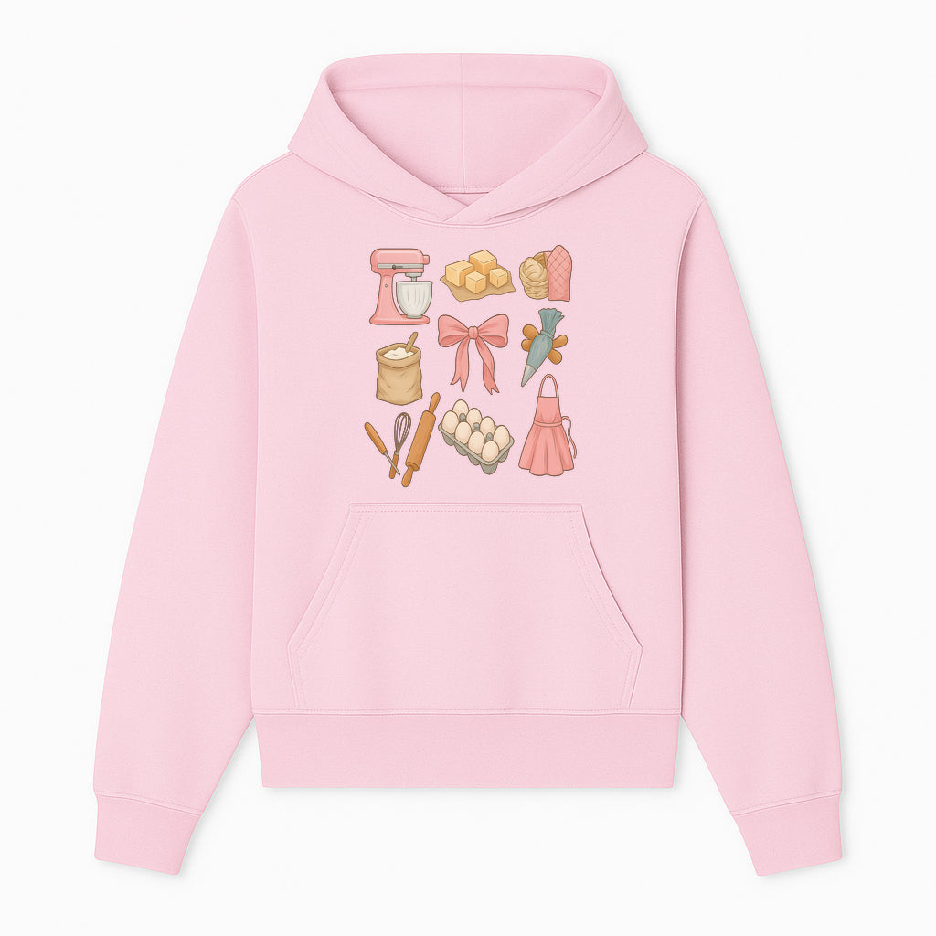 Baking Essentials Illustration - Mixer, Eggs, Sugar, Apron, Whisk - Kitchen Decor for Bakers and Home Chefs, Cute Art Print - Hoodie 1758181698533.jpg