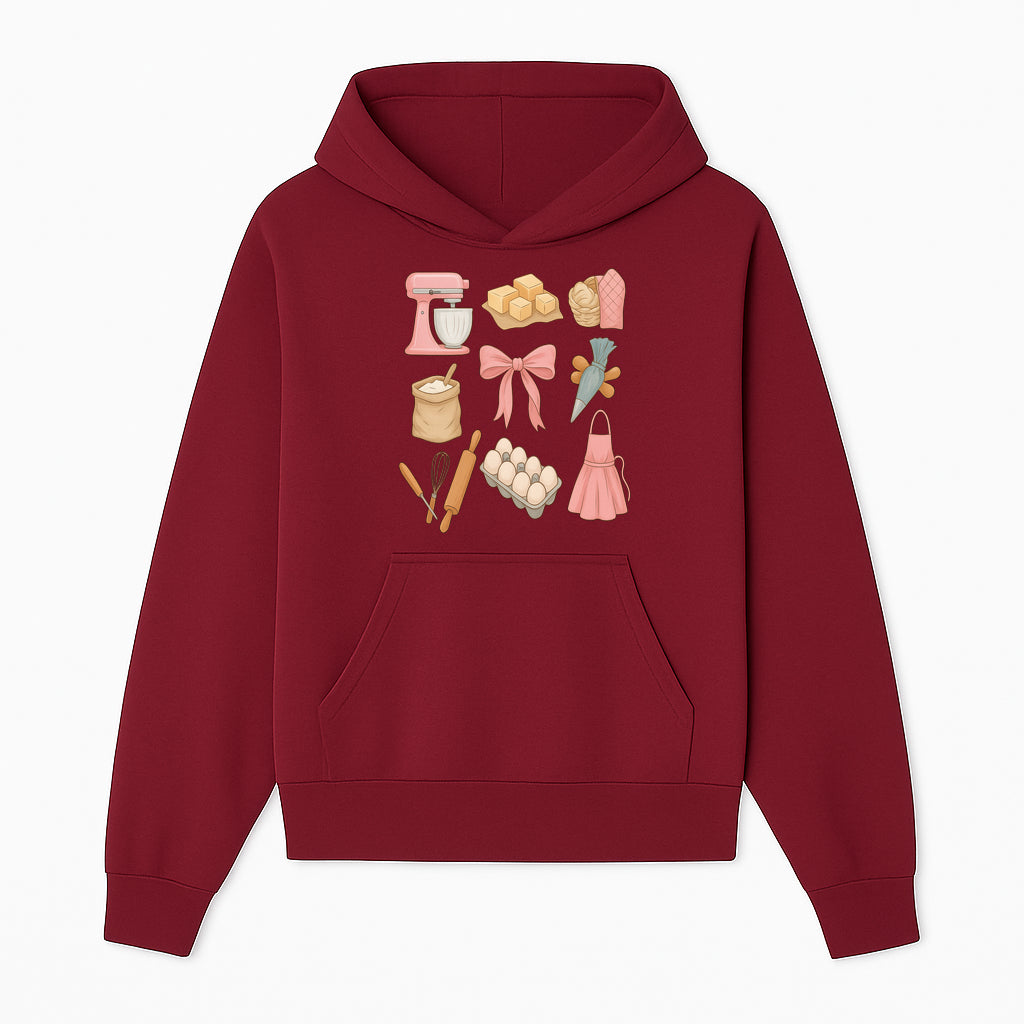 Baking Essentials Illustration - Mixer, Eggs, Sugar, Apron, Whisk - Kitchen Decor for Bakers and Home Chefs, Cute Art Print - Hoodie 1758181698767.jpg