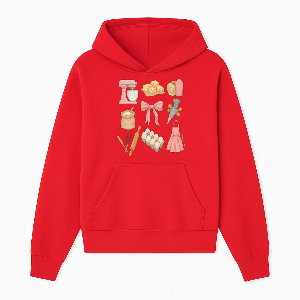 Baking Essentials Illustration - Mixer, Eggs, Sugar, Apron, Whisk - Kitchen Decor for Bakers and Home Chefs, Cute Art Print - Hoodie 1758181699038.jpg