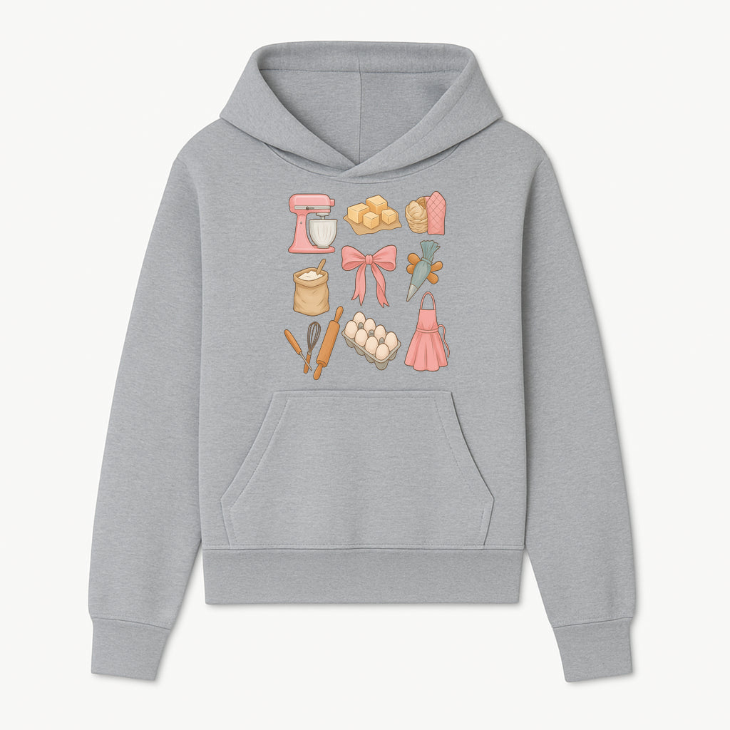 Baking Essentials Illustration - Mixer, Eggs, Sugar, Apron, Whisk - Kitchen Decor for Bakers and Home Chefs, Cute Art Print - Hoodie 1758181699172.jpg