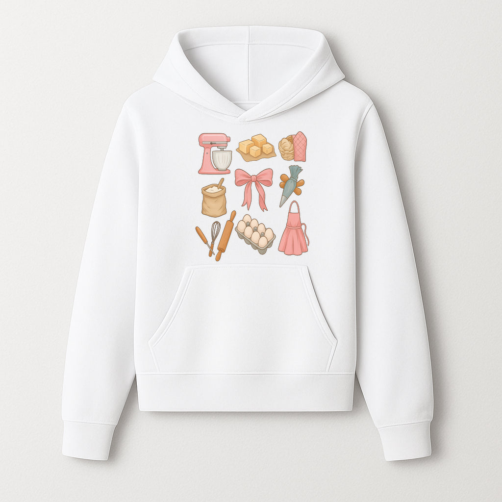 Baking Essentials Illustration - Mixer, Eggs, Sugar, Apron, Whisk - Kitchen Decor for Bakers and Home Chefs, Cute Art Print - Hoodie 1758181699298.jpg