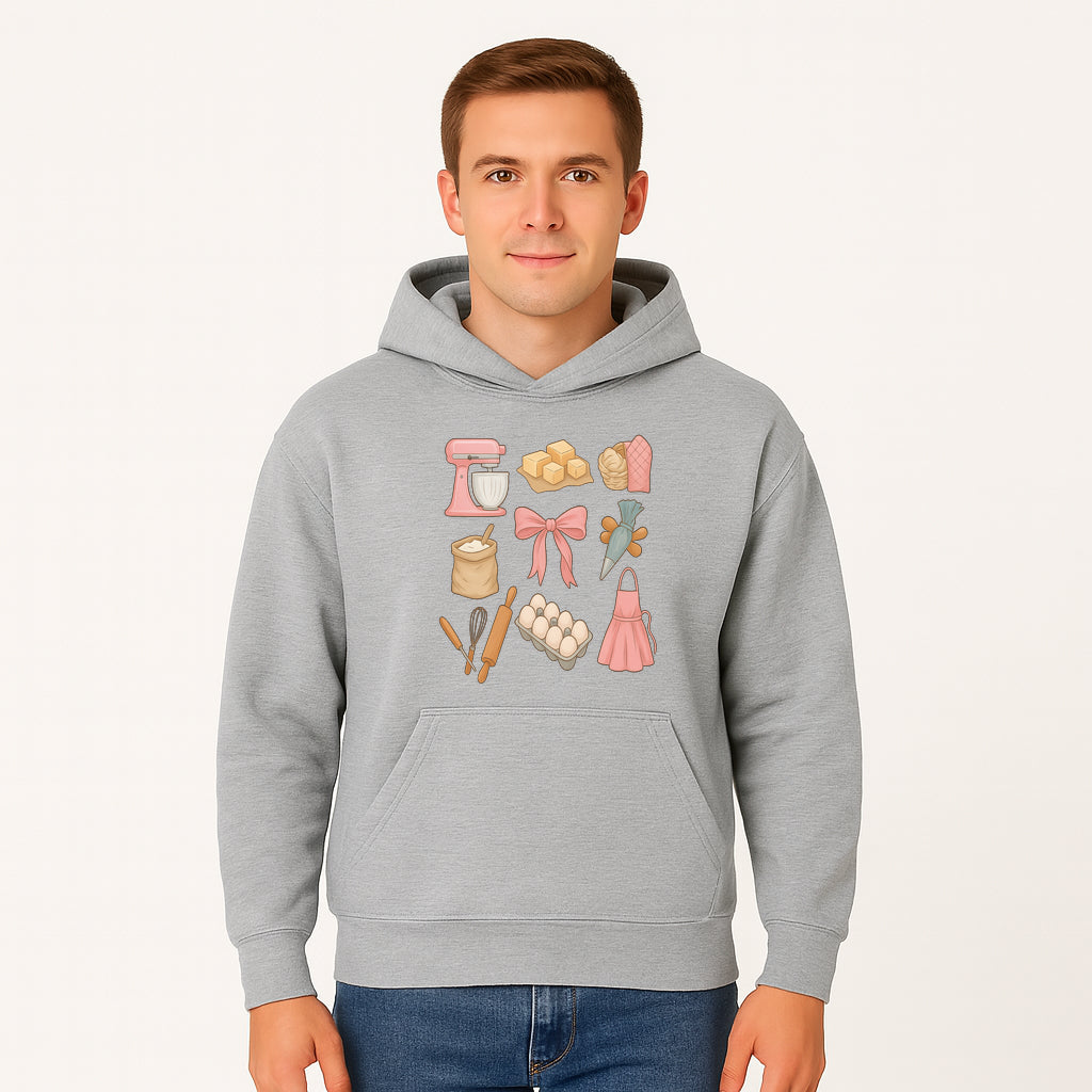Baking Essentials Illustration - Mixer, Eggs, Sugar, Apron, Whisk - Kitchen Decor for Bakers and Home Chefs, Cute Art Print - Hoodie 1758181700452.jpg