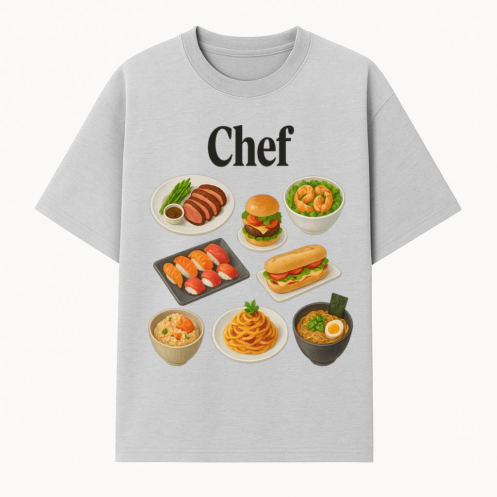 Chef Food Art Print - Colorful Culinary Illustration of Sushi, Burger, Ramen, Pasta & More Kitchen Decor for Food Lovers - T-shirt 1758181700552.jpg