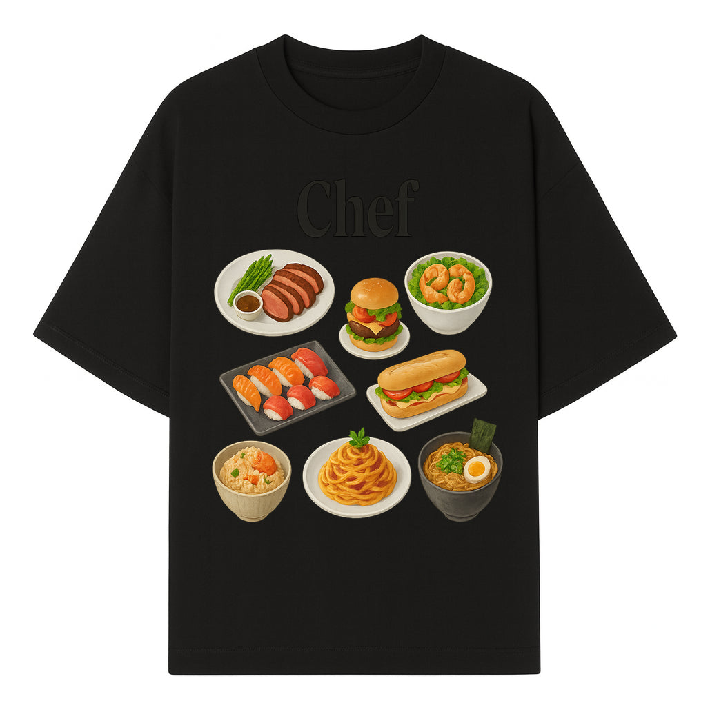 Chef Food Art Print - Colorful Culinary Illustration of Sushi, Burger, Ramen, Pasta & More Kitchen Decor for Food Lovers - T-shirt 1758181700716.jpg