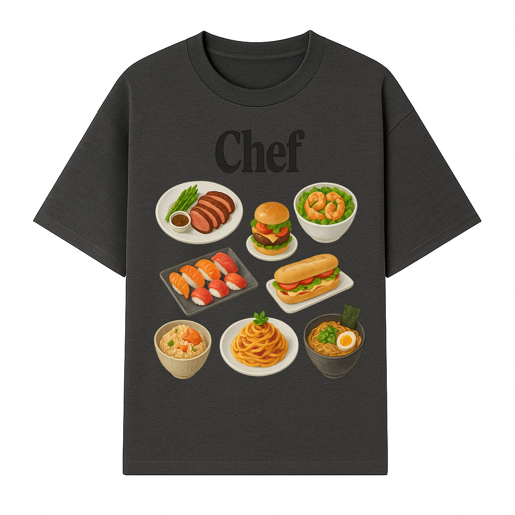 Chef Food Art Print - Colorful Culinary Illustration of Sushi, Burger, Ramen, Pasta & More Kitchen Decor for Food Lovers - T-shirt 1758181700852.jpg