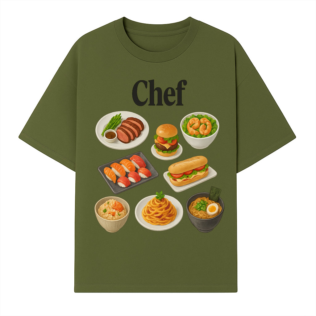 Chef Food Art Print - Colorful Culinary Illustration of Sushi, Burger, Ramen, Pasta & More Kitchen Decor for Food Lovers - T-shirt 1758181700992.jpg