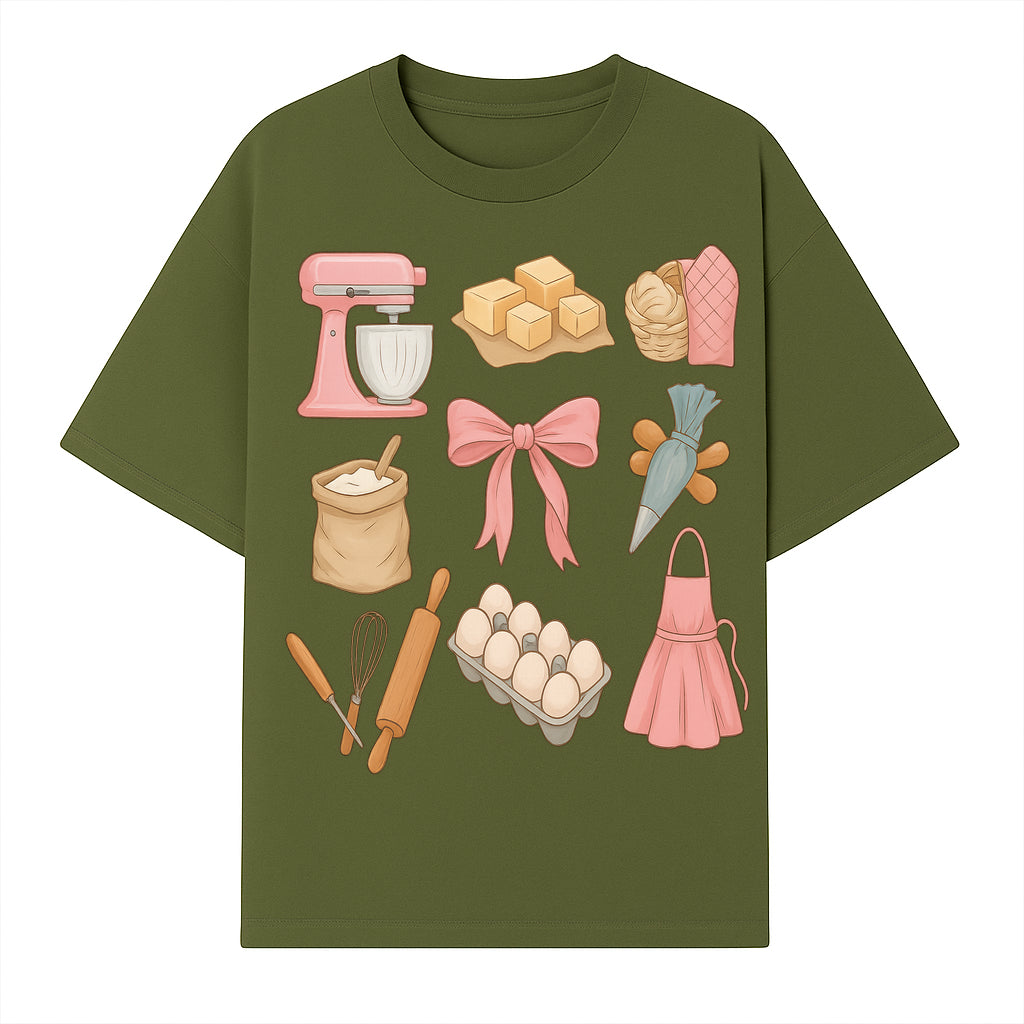 Baking Essentials Illustration - Mixer, Eggs, Sugar, Apron, Whisk - Kitchen Decor for Bakers and Home Chefs, Cute Art Print - T-shirt 1758181701123.jpg