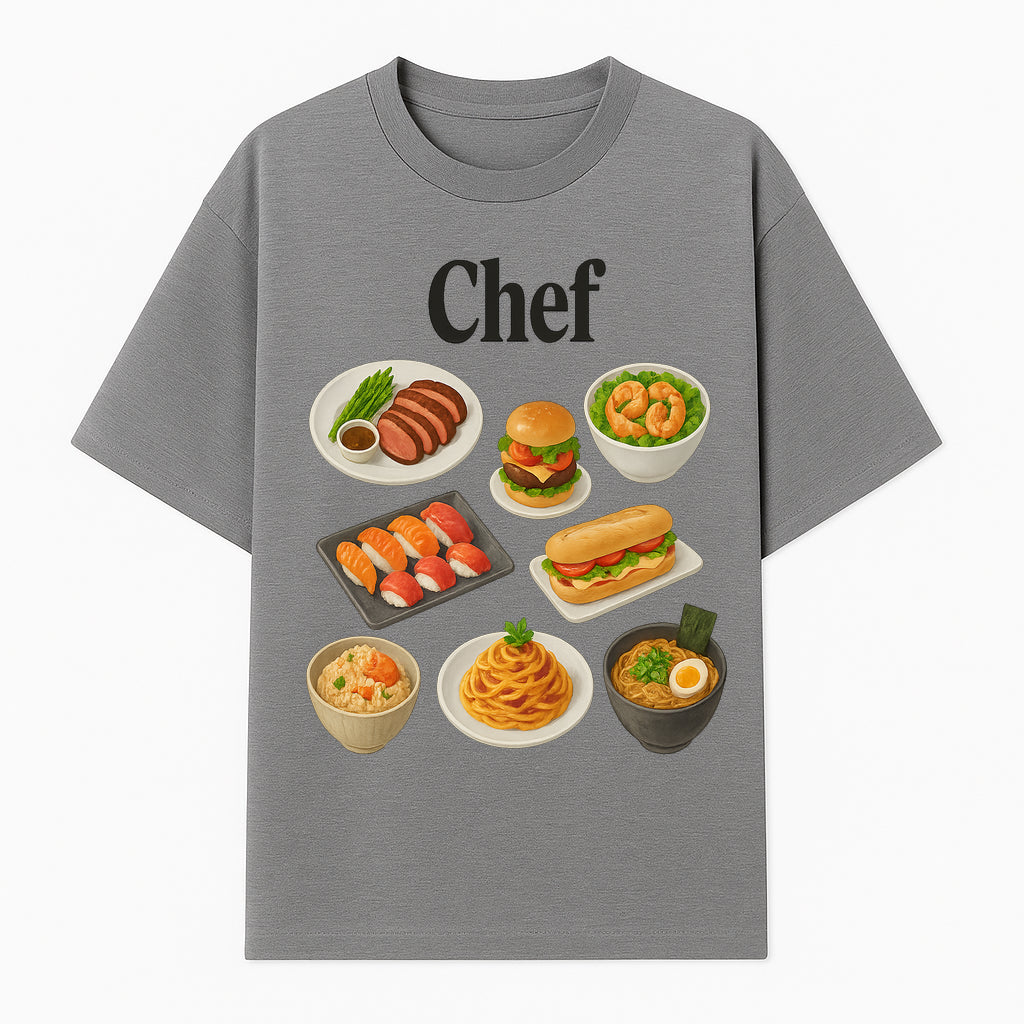Chef Food Art Print - Colorful Culinary Illustration of Sushi, Burger, Ramen, Pasta & More Kitchen Decor for Food Lovers - T-shirt 1758181701137.jpg