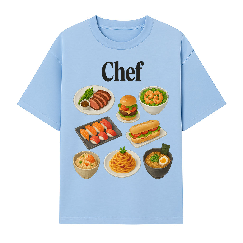 Chef Food Art Print - Colorful Culinary Illustration of Sushi, Burger, Ramen, Pasta & More Kitchen Decor for Food Lovers - T-shirt 1758181701286.jpg