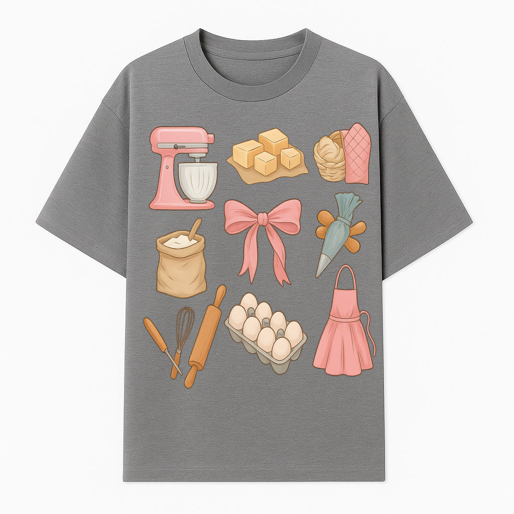 Baking Essentials Illustration - Mixer, Eggs, Sugar, Apron, Whisk - Kitchen Decor for Bakers and Home Chefs, Cute Art Print - T-shirt 1758181701299.jpg