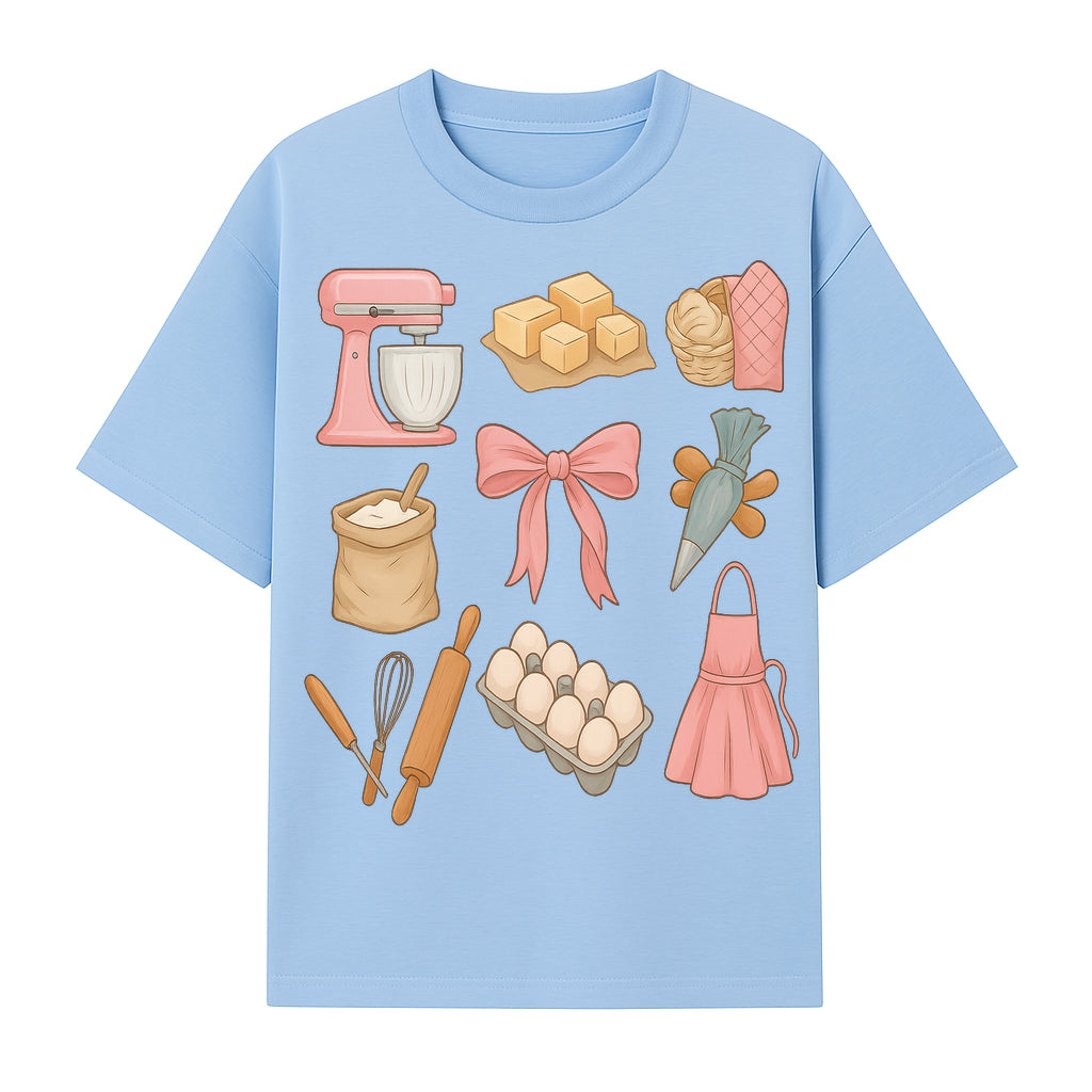 Baking Essentials Illustration - Mixer, Eggs, Sugar, Apron, Whisk - Kitchen Decor for Bakers and Home Chefs, Cute Art Print - T-shirt 1758181701436.jpg