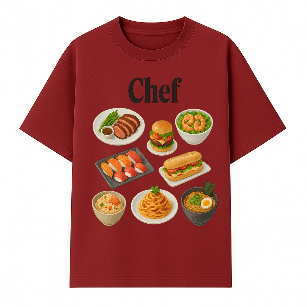 Chef Food Art Print - Colorful Culinary Illustration of Sushi, Burger, Ramen, Pasta & More Kitchen Decor for Food Lovers - T-shirt 1758181701557.jpg