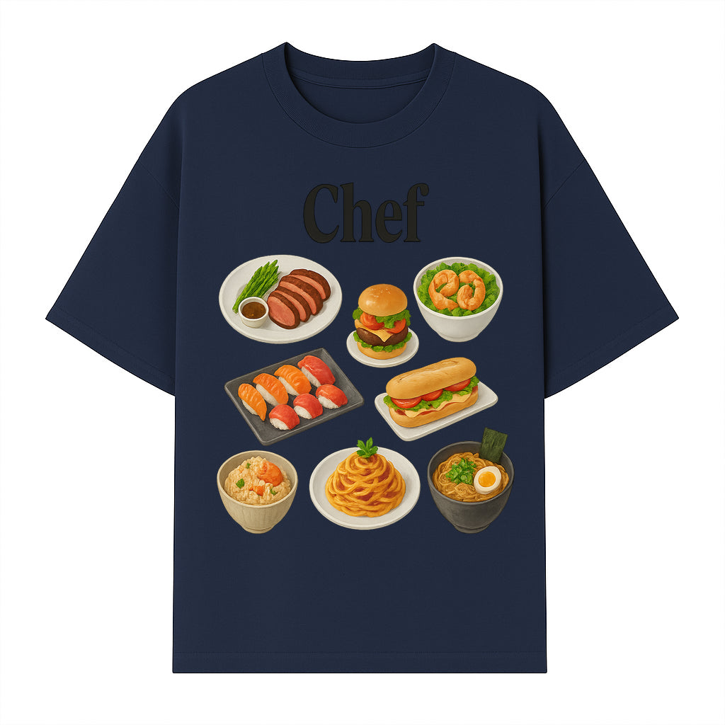 Chef Food Art Print - Colorful Culinary Illustration of Sushi, Burger, Ramen, Pasta & More Kitchen Decor for Food Lovers - T-shirt 1758181701688.jpg