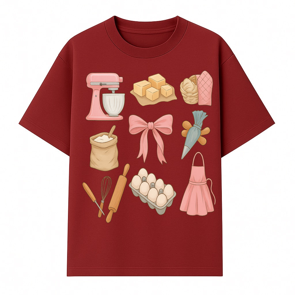 Baking Essentials Illustration - Mixer, Eggs, Sugar, Apron, Whisk - Kitchen Decor for Bakers and Home Chefs, Cute Art Print - T-shirt 1758181701728.jpg