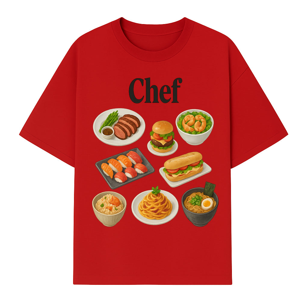 Chef Food Art Print - Colorful Culinary Illustration of Sushi, Burger, Ramen, Pasta & More Kitchen Decor for Food Lovers - T-shirt 1758181701824.jpg