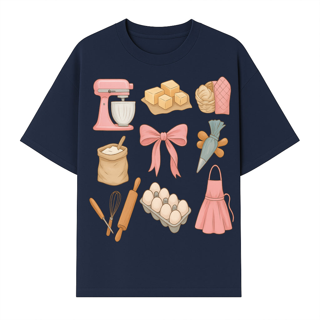 Baking Essentials Illustration - Mixer, Eggs, Sugar, Apron, Whisk - Kitchen Decor for Bakers and Home Chefs, Cute Art Print - T-shirt 1758181701864.jpg
