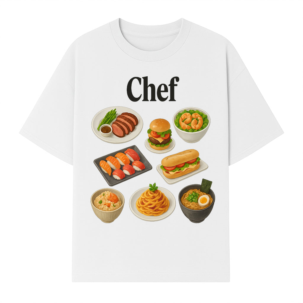 Chef Food Art Print - Colorful Culinary Illustration of Sushi, Burger, Ramen, Pasta & More Kitchen Decor for Food Lovers - T-shirt 1758181702103.jpg
