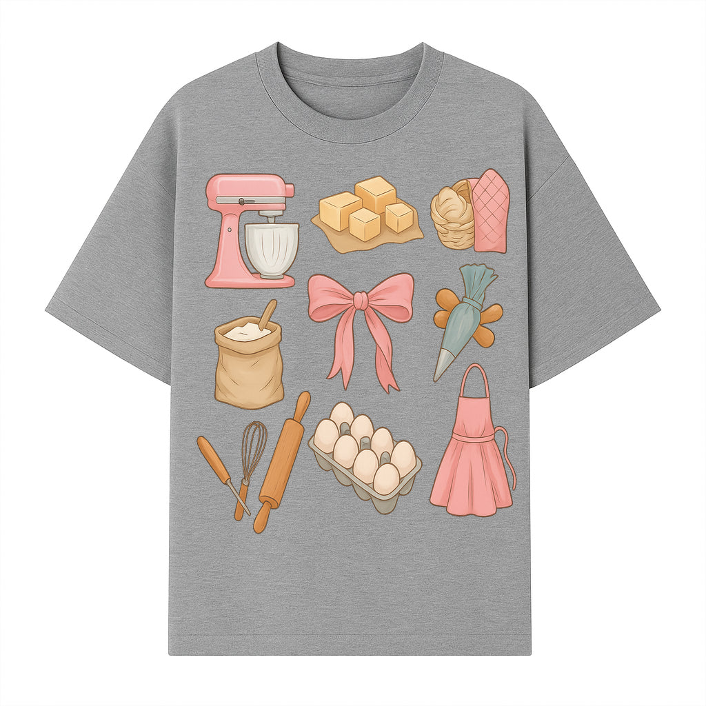 Baking Essentials Illustration - Mixer, Eggs, Sugar, Apron, Whisk - Kitchen Decor for Bakers and Home Chefs, Cute Art Print - T-shirt 1758181702159.jpg