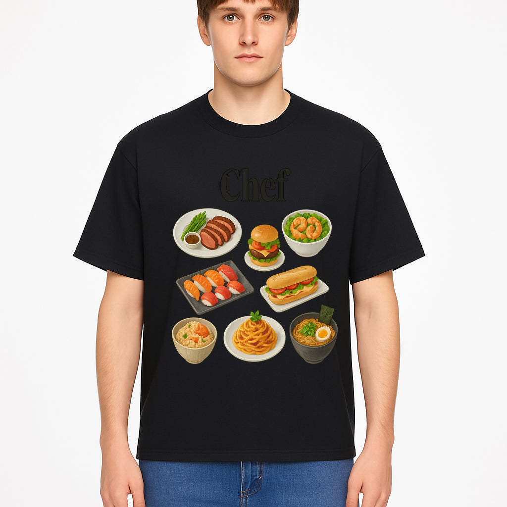 Chef Food Art Print - Colorful Culinary Illustration of Sushi, Burger, Ramen, Pasta & More Kitchen Decor for Food Lovers - T-shirt 1758181703258.jpg