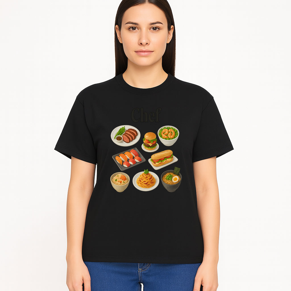 Chef Food Art Print - Colorful Culinary Illustration of Sushi, Burger, Ramen, Pasta & More Kitchen Decor for Food Lovers - T-shirt 1758181703404.jpg