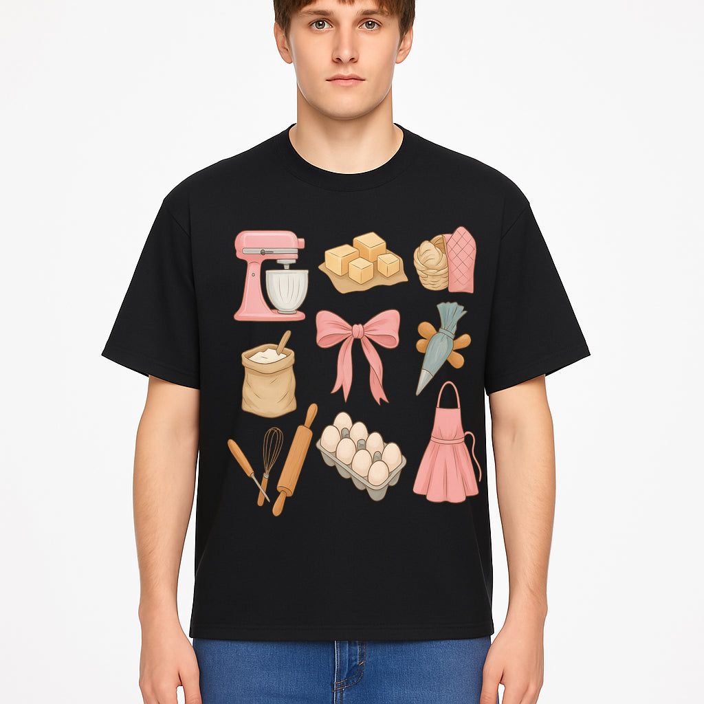 Baking Essentials Illustration - Mixer, Eggs, Sugar, Apron, Whisk - Kitchen Decor for Bakers and Home Chefs, Cute Art Print - T-shirt 1758181703460.jpg