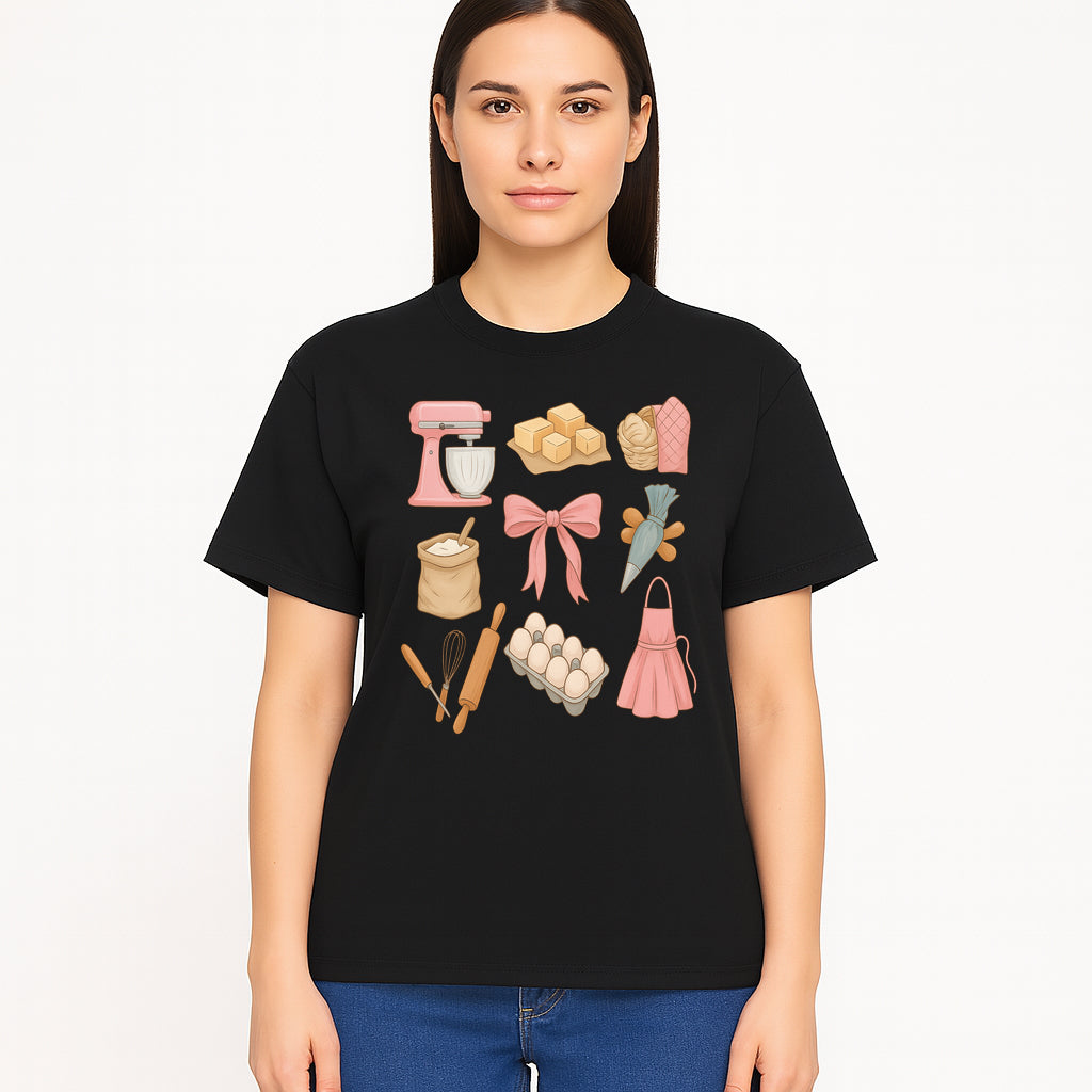 Baking Essentials Illustration - Mixer, Eggs, Sugar, Apron, Whisk - Kitchen Decor for Bakers and Home Chefs, Cute Art Print - T-shirt 1758181703593.jpg