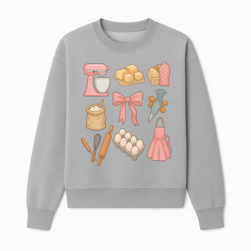 Baking Essentials Illustration - Mixer, Eggs, Sugar, Apron, Whisk - Kitchen Decor for Bakers and Home Chefs, Cute Art Print - Sweatshirt 1758181703733.jpg