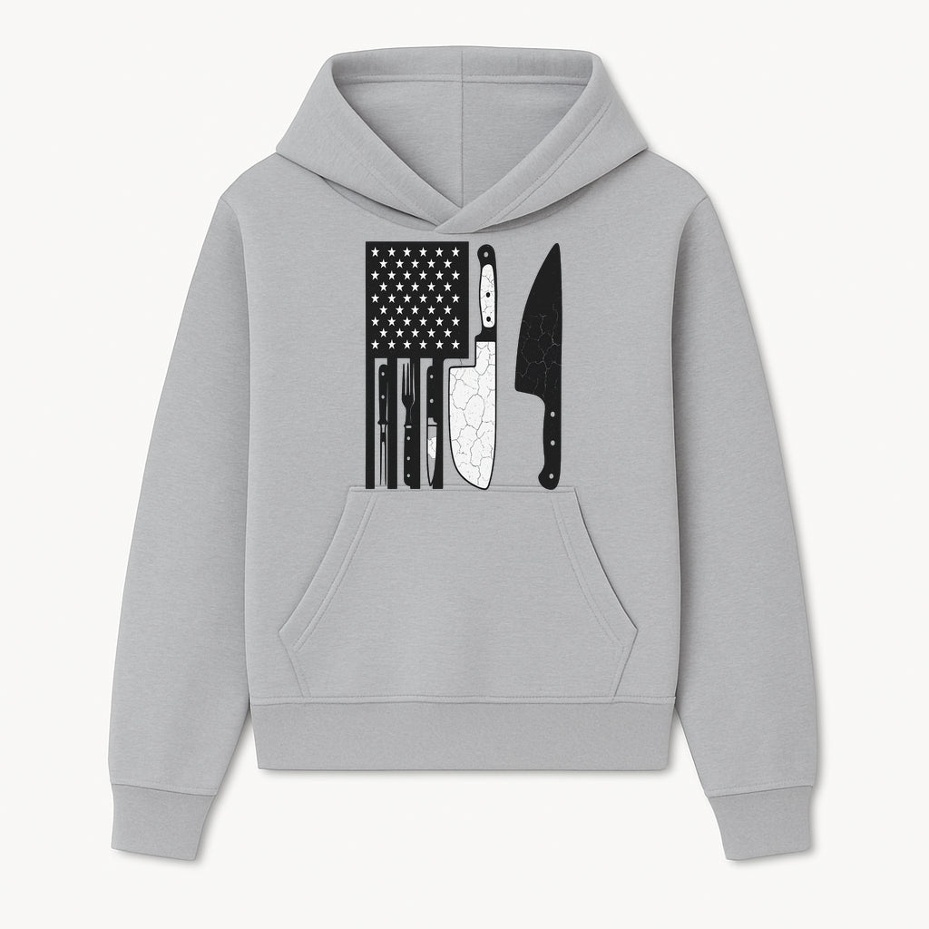 American Flag Kitchen Knife Set - Rustic Black and White Design with Forks, Ideal for Chefs and Patriotic Home Cooks - Hoodie 1758181703977.jpg