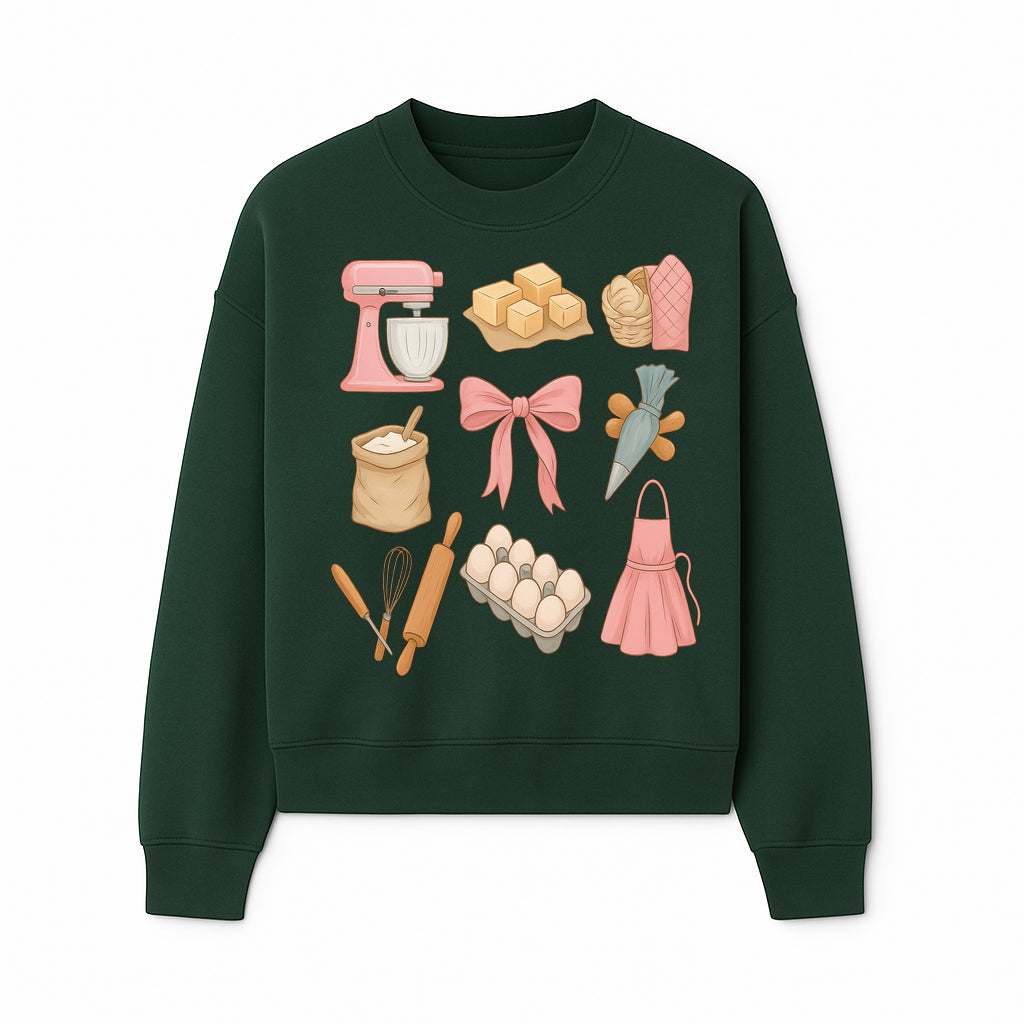 Baking Essentials Illustration - Mixer, Eggs, Sugar, Apron, Whisk - Kitchen Decor for Bakers and Home Chefs, Cute Art Print - Sweatshirt 1758181704191.jpg