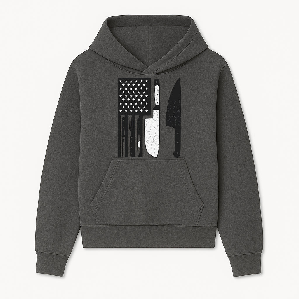 American Flag Kitchen Knife Set - Rustic Black and White Design with Forks, Ideal for Chefs and Patriotic Home Cooks - Hoodie 1758181704277.jpg