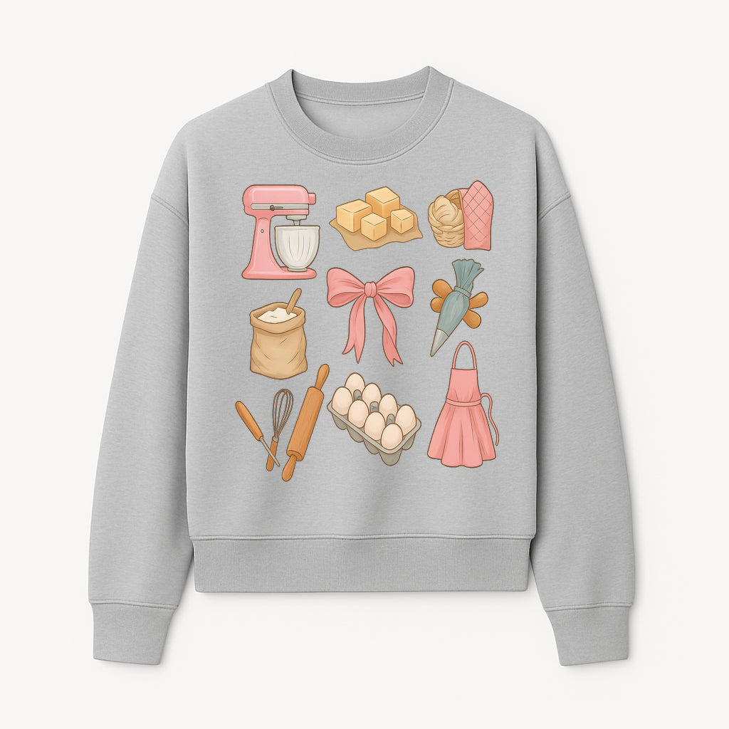 Baking Essentials Illustration - Mixer, Eggs, Sugar, Apron, Whisk - Kitchen Decor for Bakers and Home Chefs, Cute Art Print - Sweatshirt 1758181704336.jpg