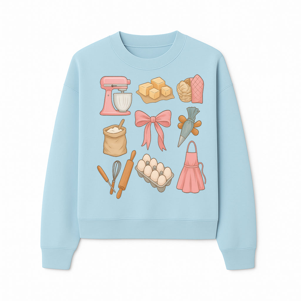 Baking Essentials Illustration - Mixer, Eggs, Sugar, Apron, Whisk - Kitchen Decor for Bakers and Home Chefs, Cute Art Print - Sweatshirt 1758181704477.jpg
