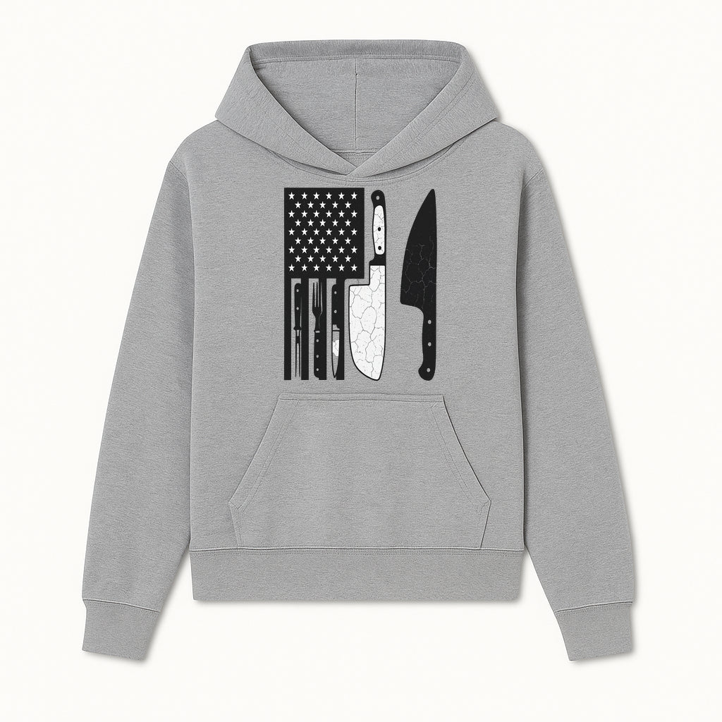 American Flag Kitchen Knife Set - Rustic Black and White Design with Forks, Ideal for Chefs and Patriotic Home Cooks - Hoodie 1758181704701.jpg