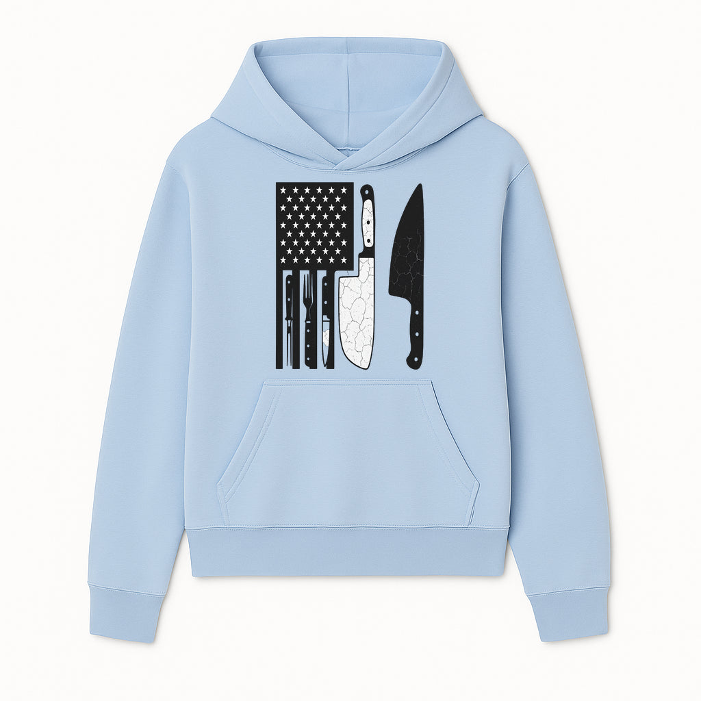 American Flag Kitchen Knife Set - Rustic Black and White Design with Forks, Ideal for Chefs and Patriotic Home Cooks - Hoodie 1758181704851.jpg