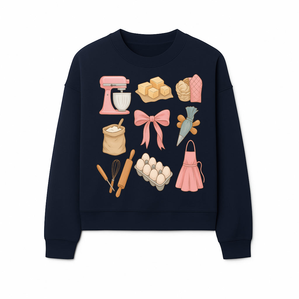 Baking Essentials Illustration - Mixer, Eggs, Sugar, Apron, Whisk - Kitchen Decor for Bakers and Home Chefs, Cute Art Print - Sweatshirt 1758181704898.jpg